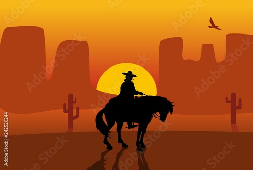 Wild west gunslinger in a raincoat riding a horse. Background the desert.