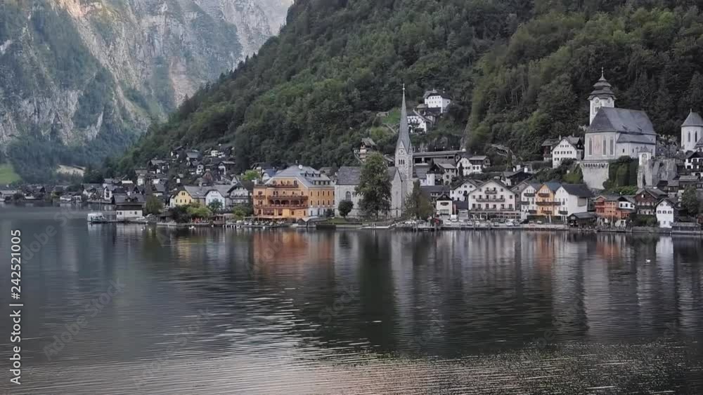Flight over Hallstatt village over Hallstatter See, in Salzkammergut, Upper Austria. Flight over Hallstatt village over Hallstatter See, in Salzkammergut, Upper Austria.