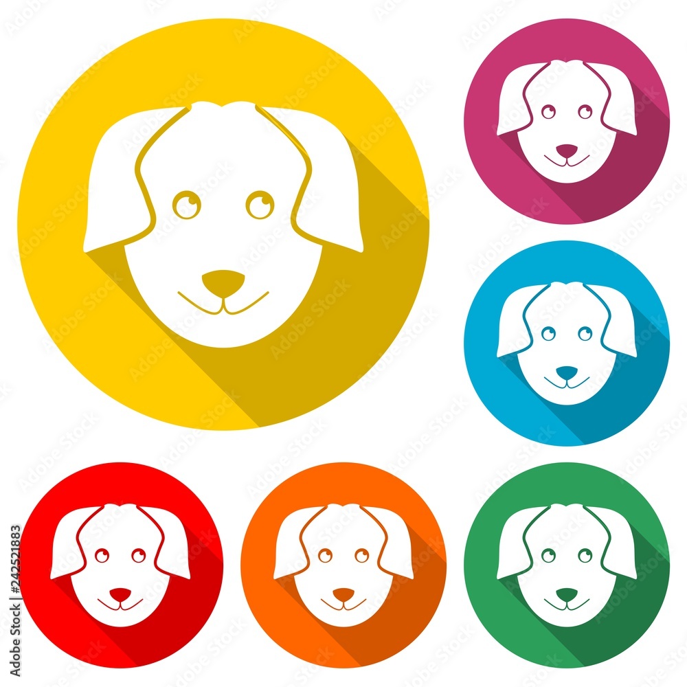 Dog logo, Dog icon, Face dog sign, color set with long shadow Dog logo, Dog icon, Face dog sign, color set with long shadow