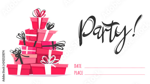 party card invitation date template , calligraphy hand drawn lettering and cartoon new style presents . vector horizontal banner illustration isolated on white