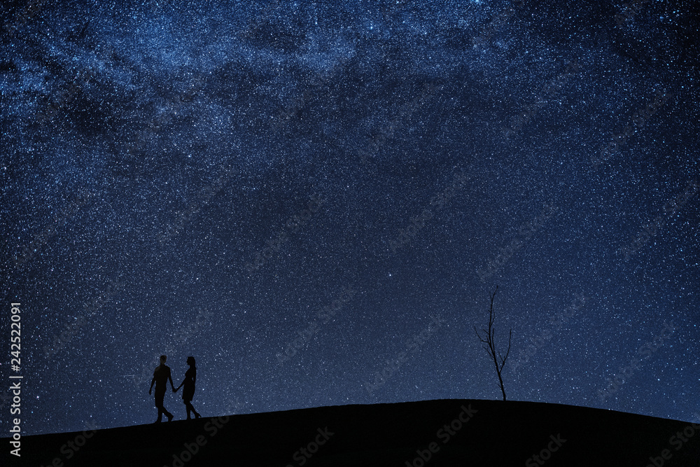 Fototapeta premium Silhouette of young couple under stars. The concept on the theme of love
