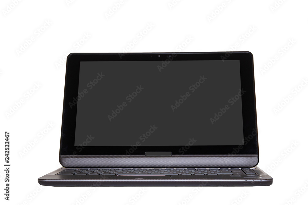 Computer technology background. Close up of modern portable laptop with a dark or black blank screen isolated on a white background. Computer technology background. Close up of modern portable laptop with a dark or black blank screen isolated on a white background.