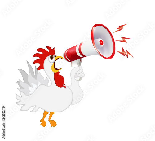 White rooster screaming in a megaphone. Humorous vector isolated illustration