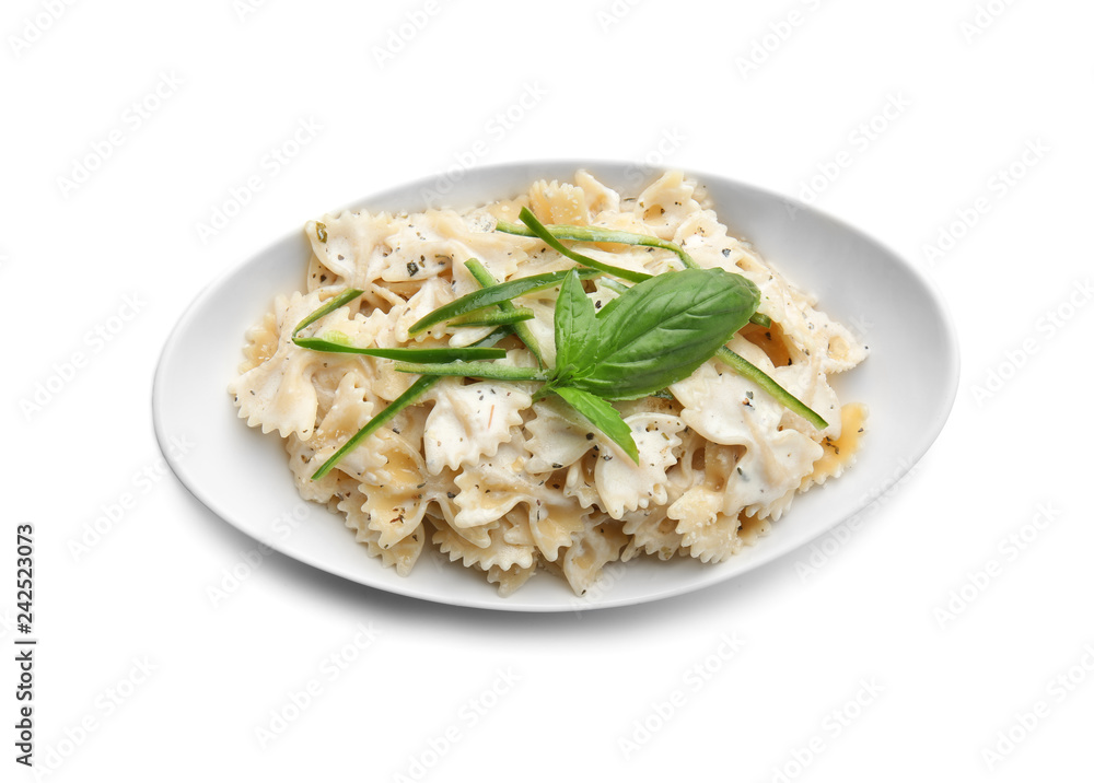 Plate with tasty pasta on white background Plate with tasty pasta on white background