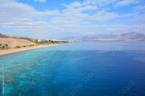 Fototapeta Naklejka Na Ścianę i Meble -  Mountain and coral reef in the Red sea, Israel, Eilat. Panoramic landscape view