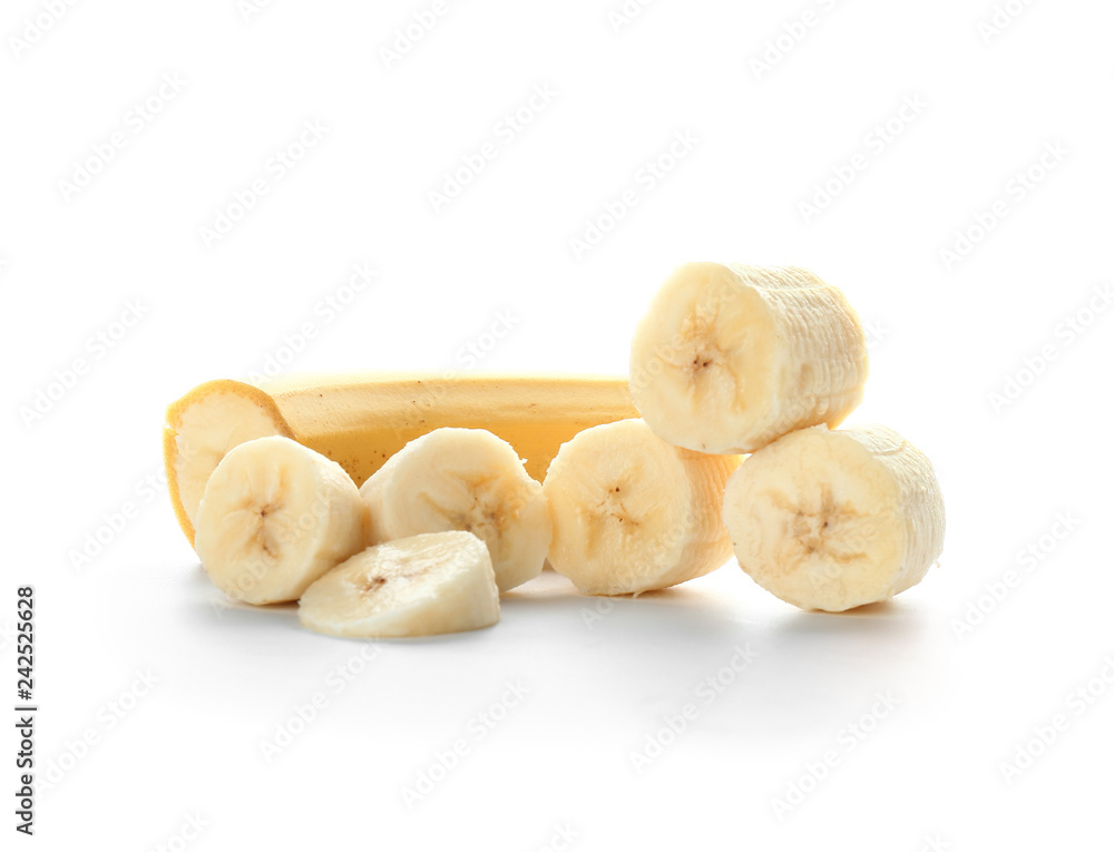 Tasty cut banana on white background Tasty cut banana on white background