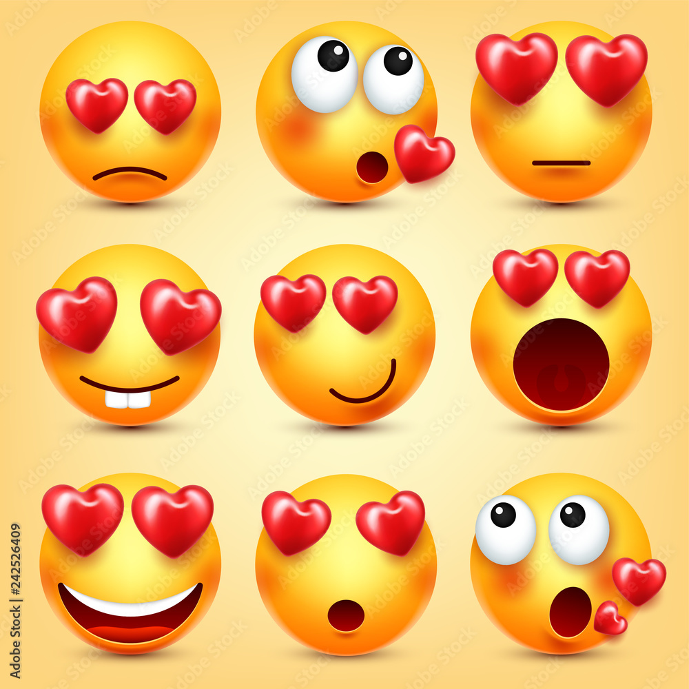 Emoji Smiley With Red Heart Vector Set. Valentines Day Yellow Cartoon  Emoticons Face. Love Feeling Expression. Stock Vector | Adobe Stock