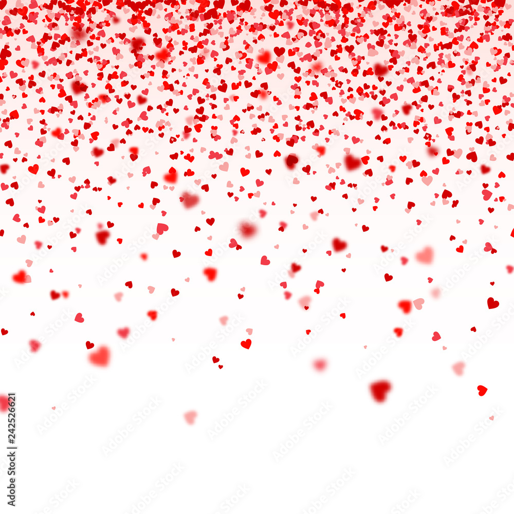 Valentines Day Falling Red Blurred Hearts On White Background. Heart Shaped Paper Confetti. February 14 Greeting Card.