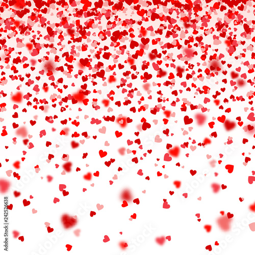 Valentines Day Falling Red Blurred Hearts On White Background. Heart Shaped Paper Confetti. February 14 Greeting Card.