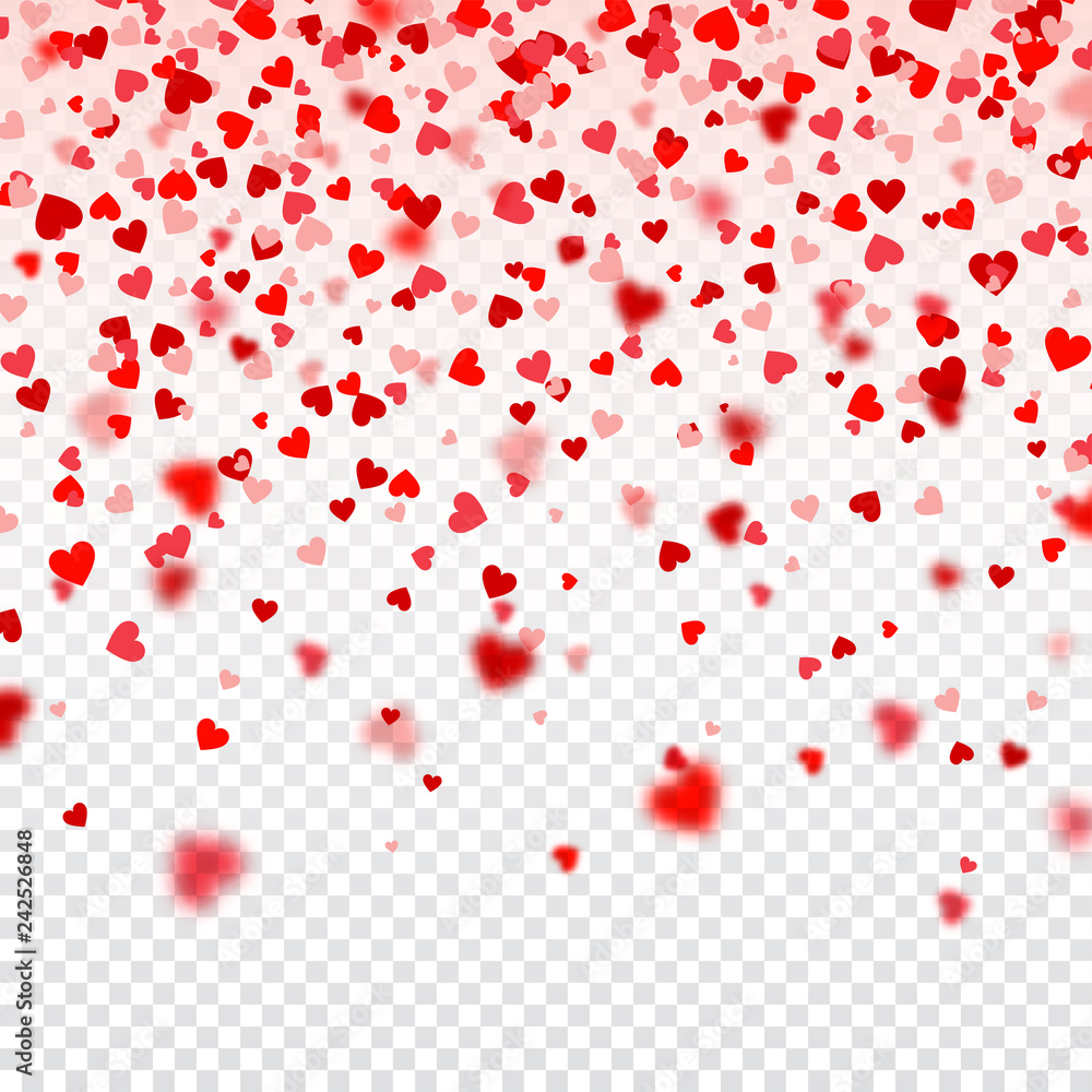 Valentines Day Falling Red Blurred Hearts On White Background. Heart Shaped Paper Confetti. February 14 Greeting Card. Valentines Day Falling Red Blurred Hearts On White Background. Heart Shaped Paper Confetti. February 14 Greeting Card.