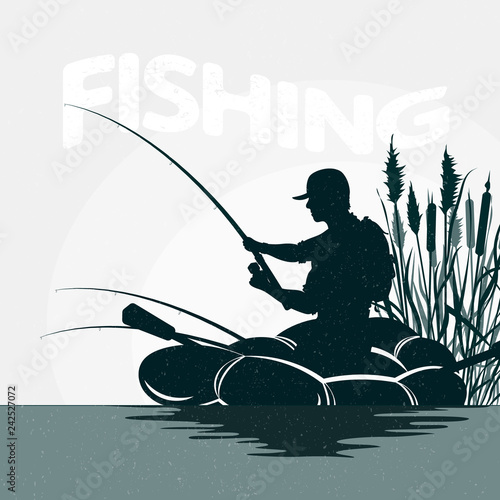 A fisherman in a boat fishing silhouette and reeds