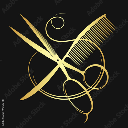 Gold scissors and comb with hair