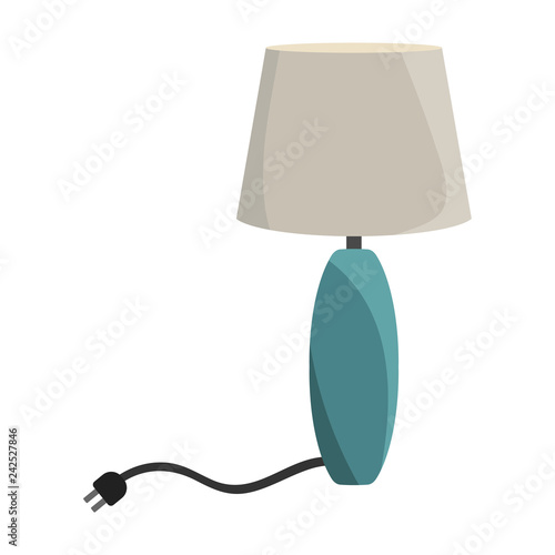 Table Lamp Light Illustration - Teal blue table lamp with ivory colored lamp shade and black electric cord in flat design