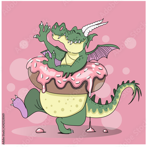 green dragon with donut in pink background