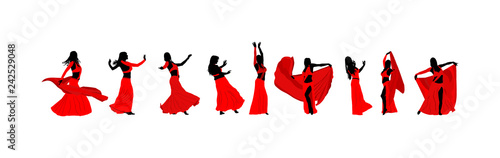 Belly dancer woman coquette vector isolated on white background. Traditional Arab entertainment oriental dance silhouette. Sensual movement erotic lady. Middle east culture. Sheikh amusement in harem 