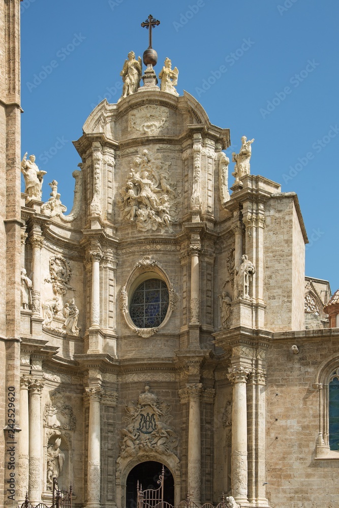 Valencia Cathedral gates. The church has different architectural styles - roman, gothic and baroque - which make in the main historical landmark of the city