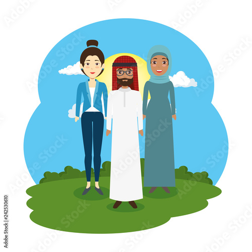 Arabic couple with woman in the landscape scene