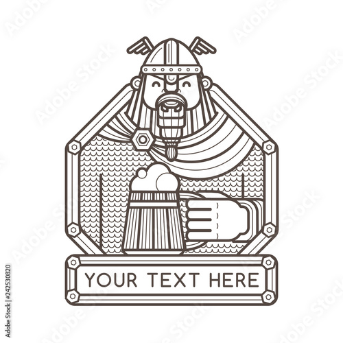 Happy viking holding a wooden mug of beer