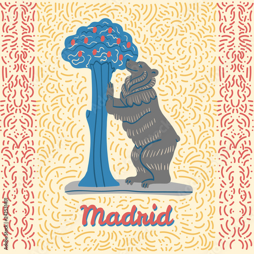 Illustration of The Statue of the Bear and the Strawberry Tree with text "Madrid". Hand drawn vector art of the coat of arms of the capital of Spain. Isolated drawing on beige background. 
