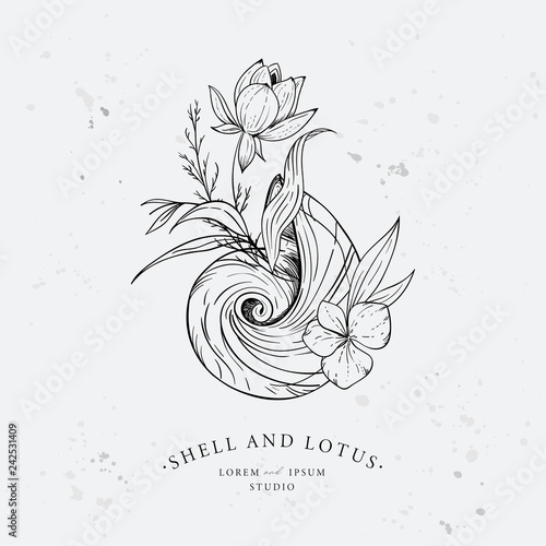 Shell entwined with algae and lotus flower. Marine logo concept on grunge background. Hand drawn vector illustration.