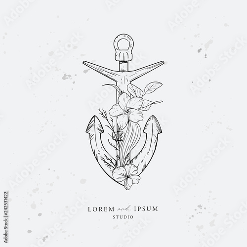 Anchor entwined with algae and flowers. Marine logo concept on grunge background. Hand drawn vector illustration.