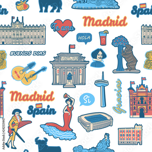 Flat hand drawn seamless color pattern inspired Spain and its capital city - Madrid. Modern cartoon vector texture with famous symbols, landmarks and text phrases for print