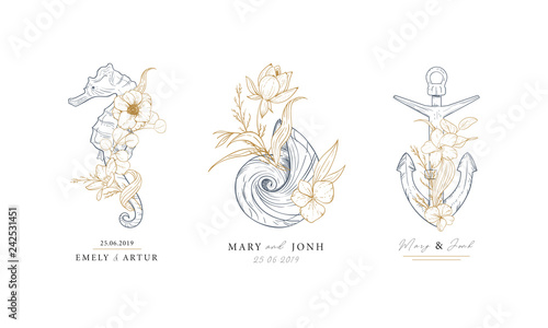 Set of nautical logos. Seahorse, shell and anchor entwined with algae and flowers. Marine logos concept on grunge background. Hand drawn vector illustrations.