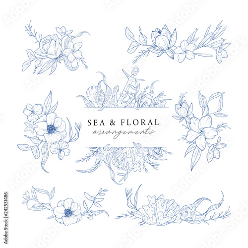 Hand drawn set of marine compositions isolated on white. Sea and floral arrangements. Vintage elements for invitations, greeting cards, covers and other items. Vector.