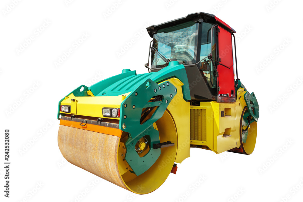 Fototapeta premium Road roller machine isolated with clipping path over white background