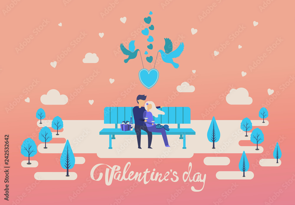 Plakat Happy young couple in love in flat style design, card for Valentines Day. Vector illustration of lovers, man and woman with love. 14 february, surprise