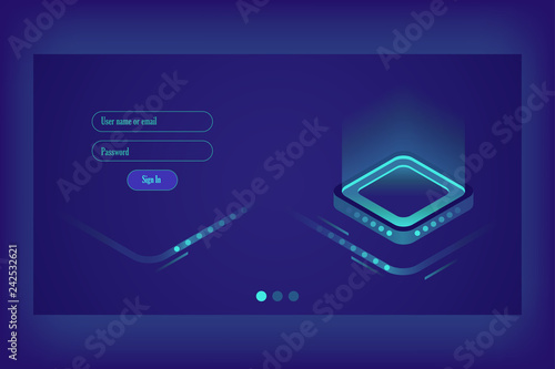 Stream of encoded data. Isometric information technologies. Big data representation. Graphic concept of hi tech ultraviolet