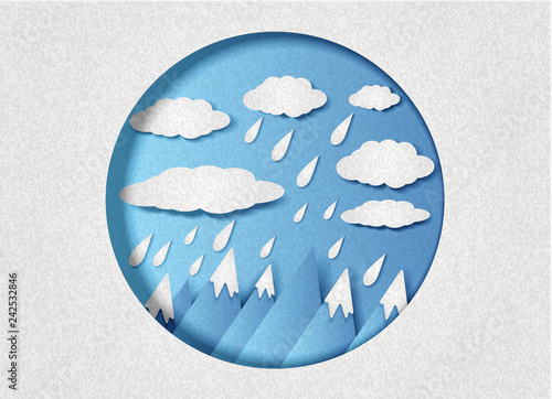 Vector illustration of clouds with rain over the mountains in minimal style. Paper cut