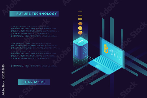Cryptocurrency and blockchain illustration. Bitcoin mining farm. Artificial intelligence and machine learning. Concept for landing page for creating digital currency.
