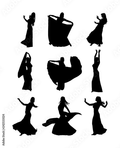 Belly dancer woman coquette vector isolated on white background. Traditional Arab entertainment oriental dance silhouette. Sensual movement erotic lady. Middle east culture. Sheikh amusement in harem 