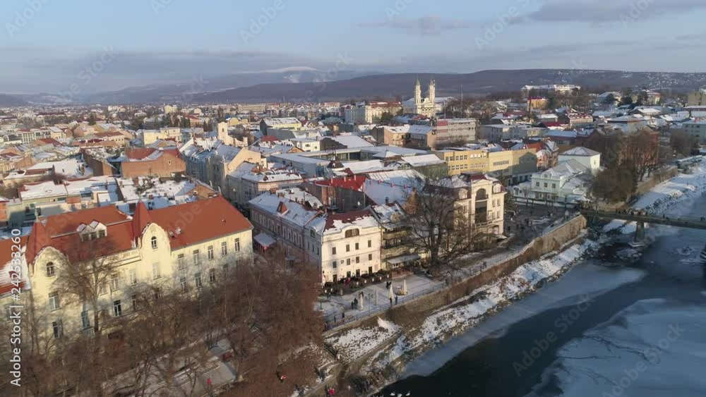 Aerial view of city Uzhhorod in winter Aerial view of city Uzhhorod in winter