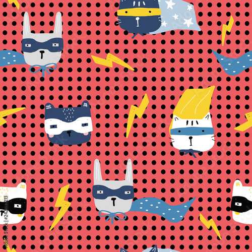 Seamless pattern with animals superhero. Retro kids creative print. Vector hand drawn illustration.
