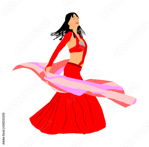 Belly dancer woman coquette vector illustration isolated on background. Traditional Arab entertainment oriental dance. Sensual movement erotic lady. Middle east culture. Sheikh amusement in harem 