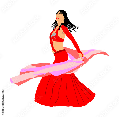Belly dancer woman coquette vector illustration isolated on background. Traditional Arab entertainment oriental dance. Sensual movement erotic lady. Middle east culture. Sheikh amusement in harem 