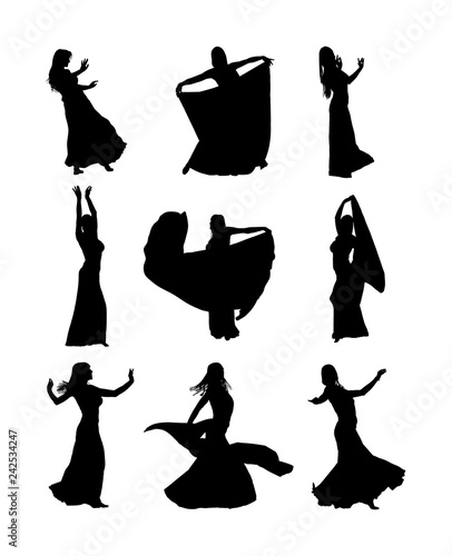 Belly dancer woman coquette vector isolated on white background. Traditional Arab entertainment oriental dance silhouette. Sensual movement erotic lady. Middle east culture. Sheikh amusement in harem 