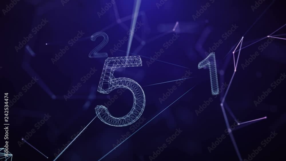 Countdown abstract connection network.Flying out Infographic network digital elements.Numbers 5 to 1.Futuristic technological background.Geometrical shapes lines dots.Plexus zoom out.Blue
