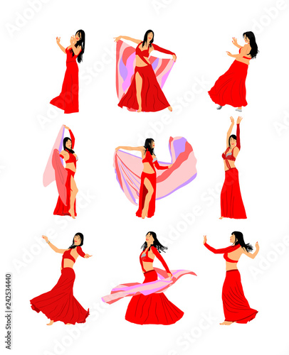 Belly dancer woman coquette vector illustration isolated on background. Traditional Arab entertainment oriental dance. Sensual movement erotic lady. Middle east culture. Sheikh amusement in harem 