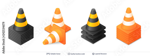 Set of 3d traffic cones isolated on white.