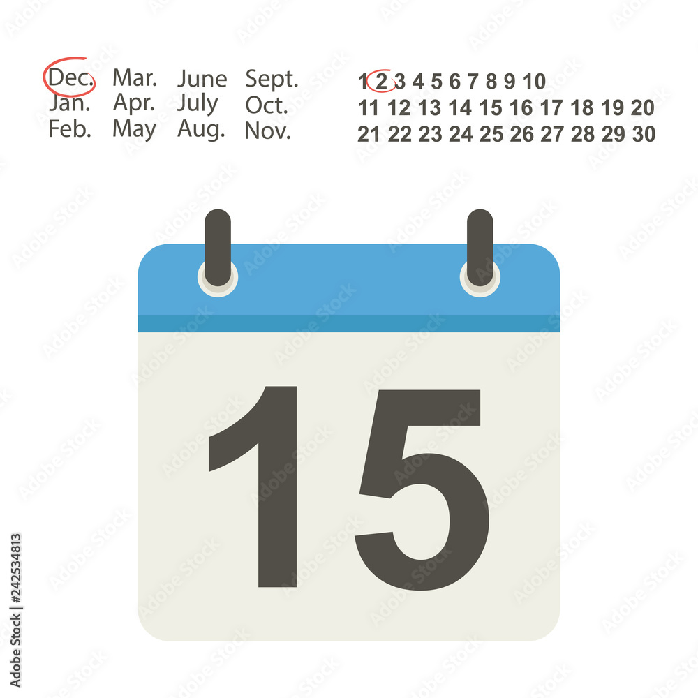 Calendar icon with the selection of the month and date with number 15. Vector illustration. Calendar icon with the selection of the month and date with number 15. Vector illustration.