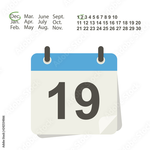 Calendar icon with the selection of the month and date with number 19. Vector illustration.