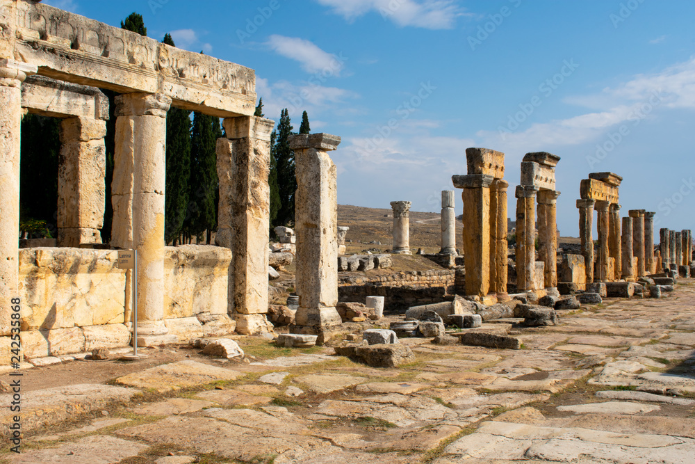 Old ancient ruins of roman City Hierapolis in Pamukkale, Turkey 