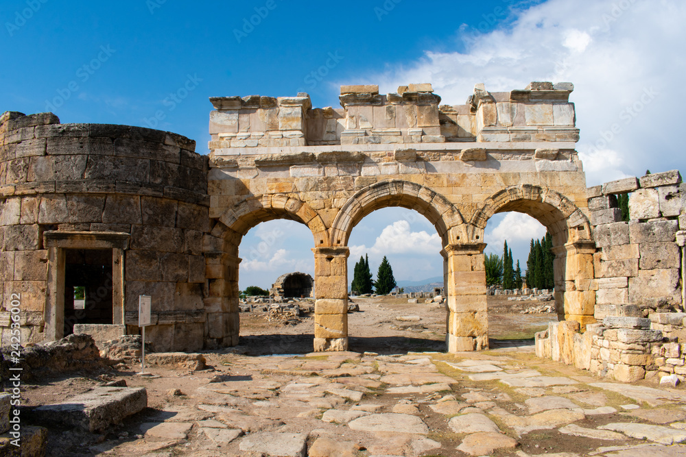 Old ancient ruins of roman City Hierapolis in Pamukkale, Turkey 
