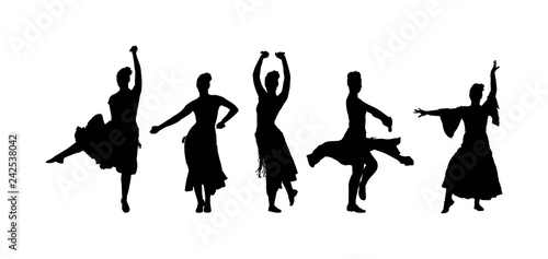 Attractive Spanish girl flamenco dancer vector silhouette. Hispanic woman with castanets in hot dance. Traditional folklore in Spain. Sensual salsa lady in erotic movement. Mexico culture performer.