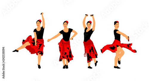 Attractive Spanish girl flamenco dancer vector illustration. Hispanic woman with castanets in hot dance. Traditional folklore in Spain. Sensual salsa lady in erotic movement. Mexico culture performer.