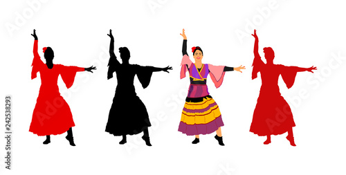 Attractive Spanish girl flamenco dancer vector illustration. Hispanic woman with castanets in hot dance. Traditional folklore in Spain. Sensual salsa lady in erotic movement. Mexico culture performer.