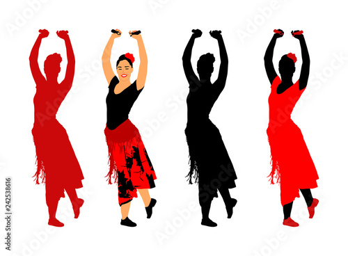 Attractive Spanish girl flamenco dancer vector illustration. Hispanic woman with castanets in hot dance. Traditional folklore in Spain. Sensual salsa lady in erotic movement. Mexico culture performer.